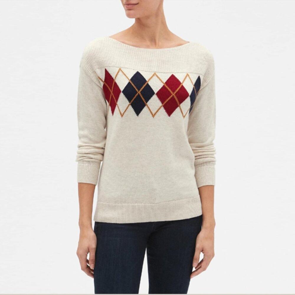 Gap Factory Size Small Boatneck Argyle Accented Sweater NWOT Preppy